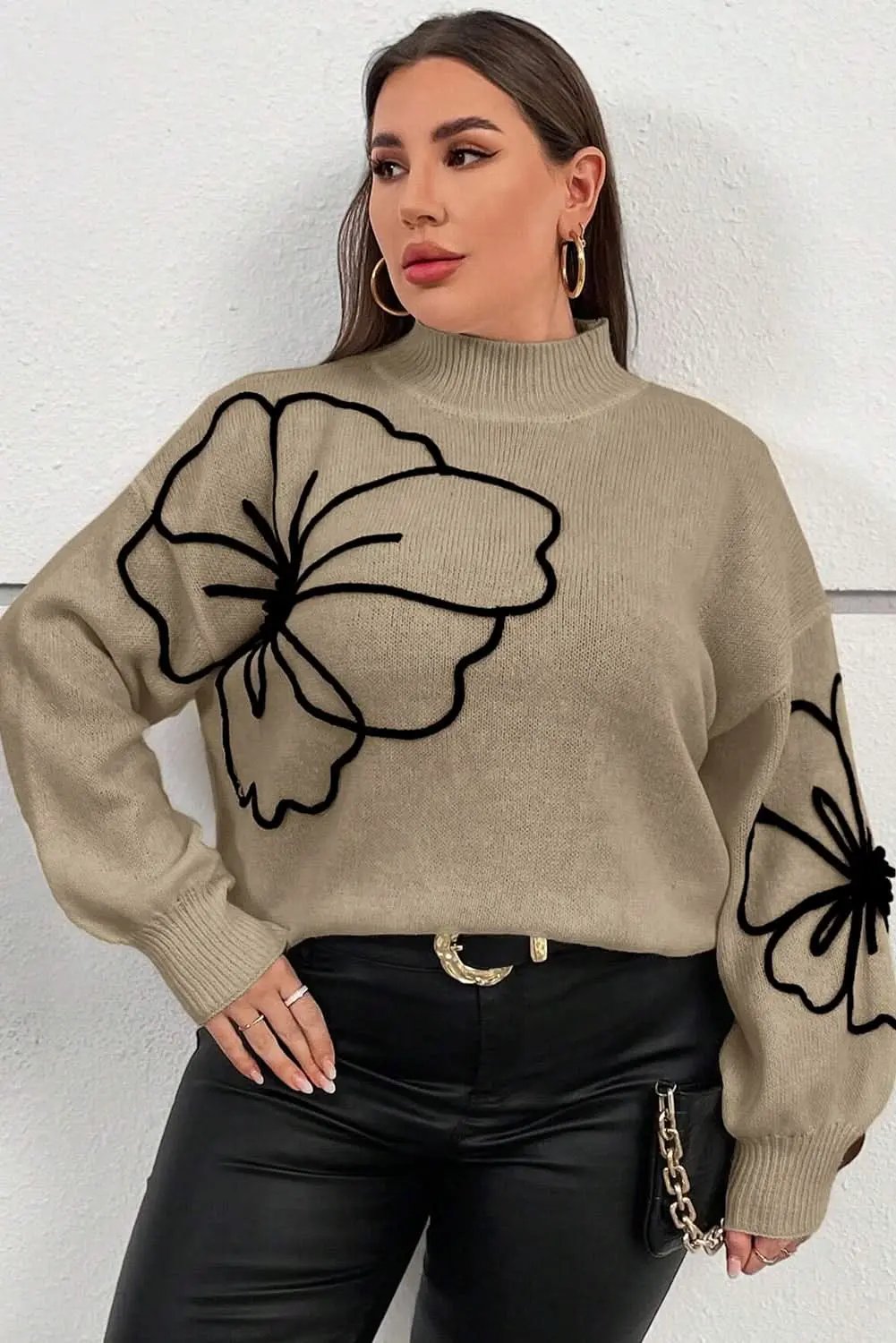Dark Khaki Plus Size Big Flower Pattern High Neck Drop Shoulder Sweater - Love Salve